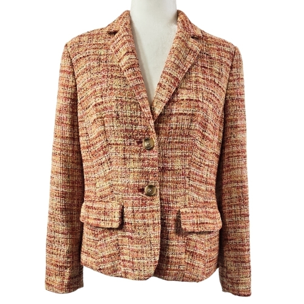 Coldwater Creek Orange Red Tweed Blazer Flap Pockets Colorful Career Preppy